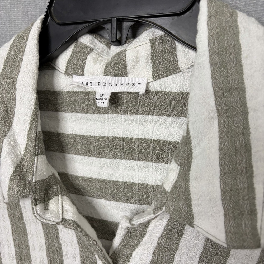 Jane + Delancey Striped Button Down Long Sleeve Shirt Green Roll Tab Tunic Gauze - Picture 3 of 4
